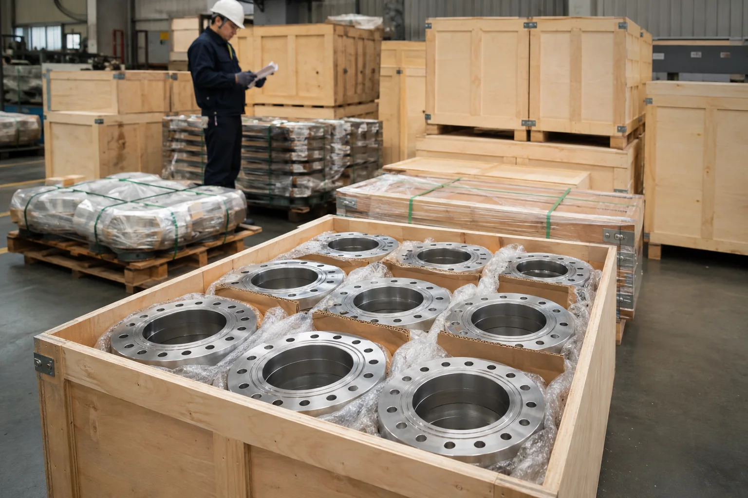 Steel flanges protected in export crates inside an industrial warehouse