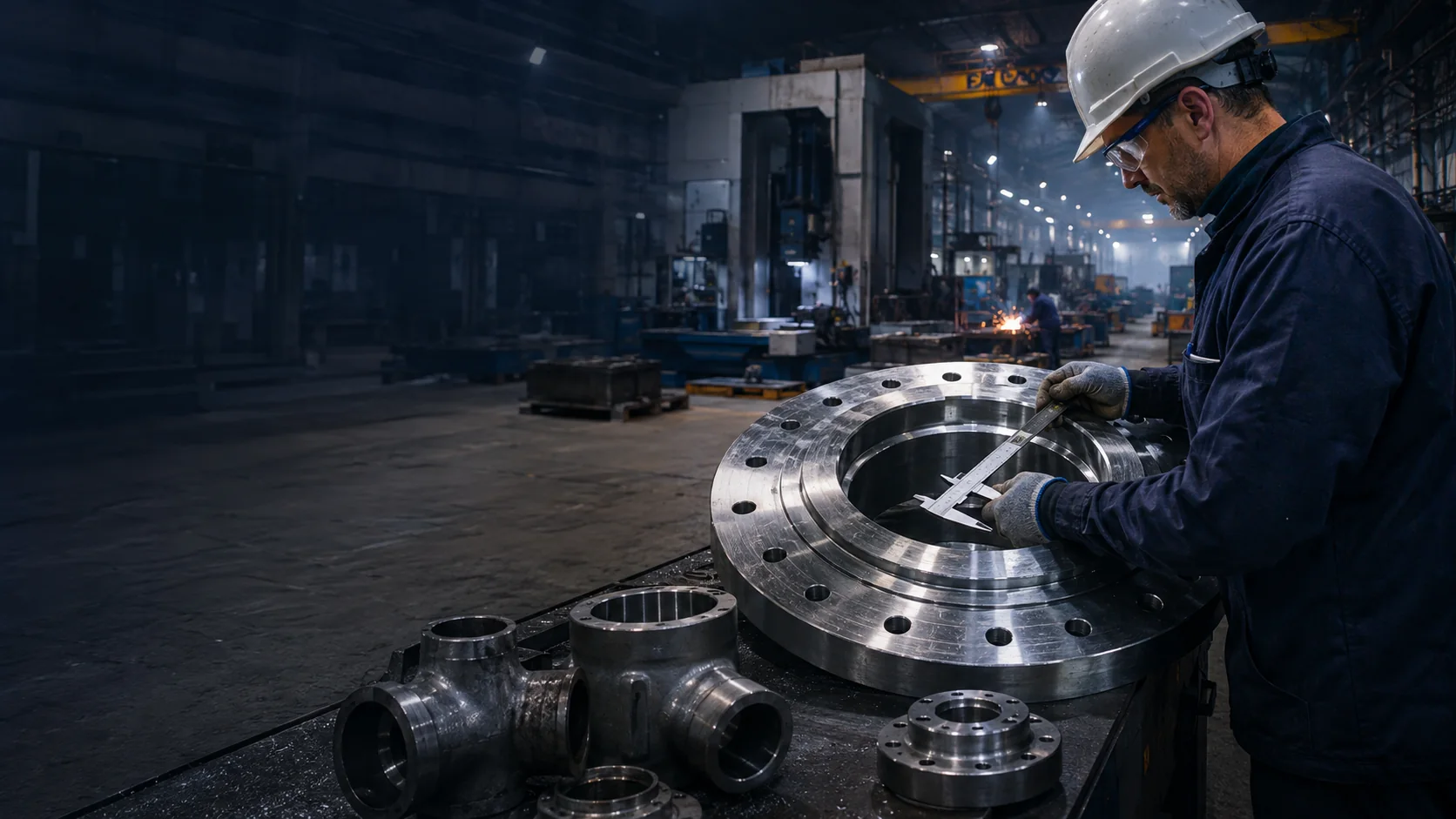 Industrial specialist checking a large steel flange in a fabrication workshop