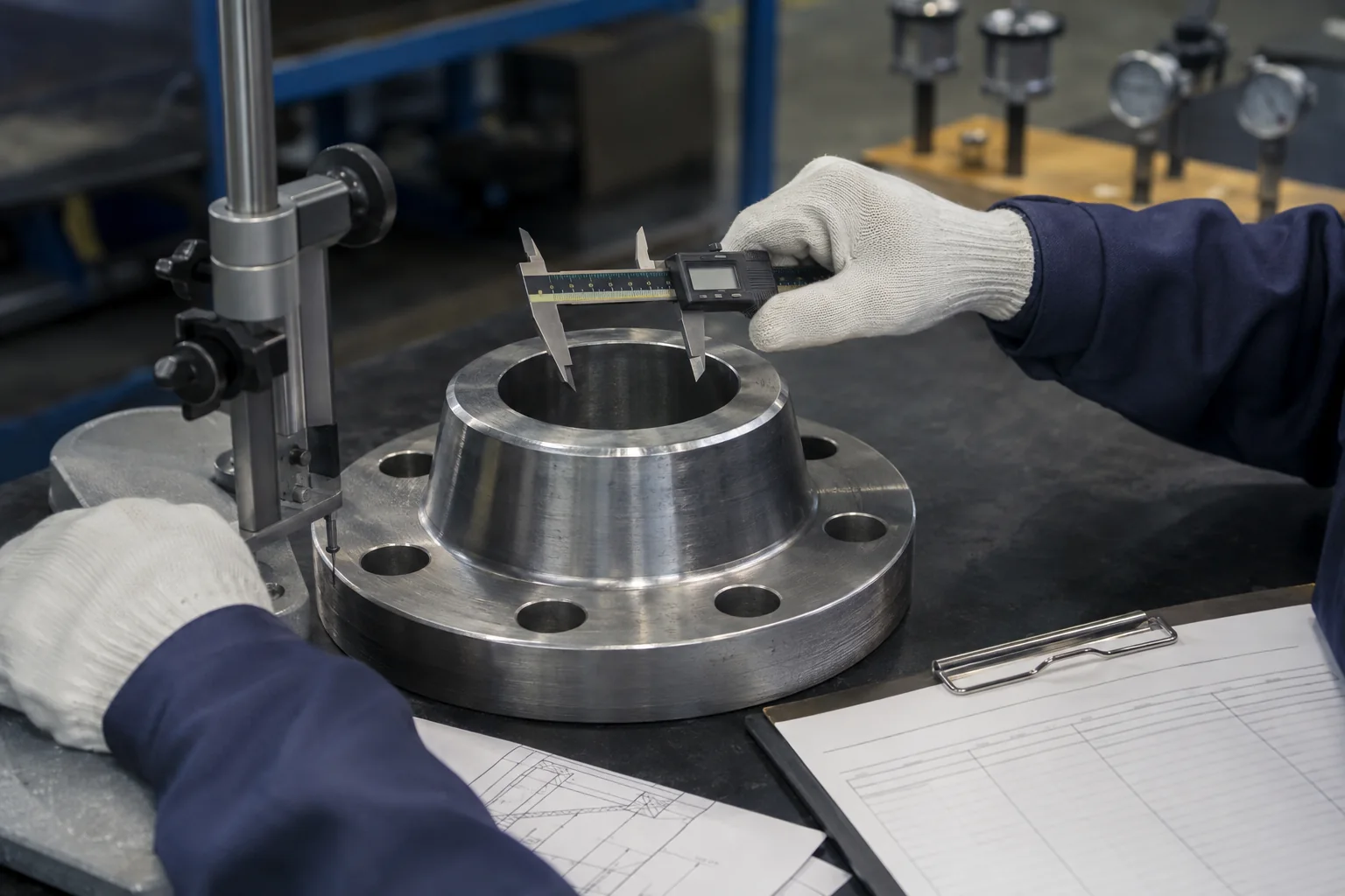 Dimensional inspection of a machined steel flange with a caliper