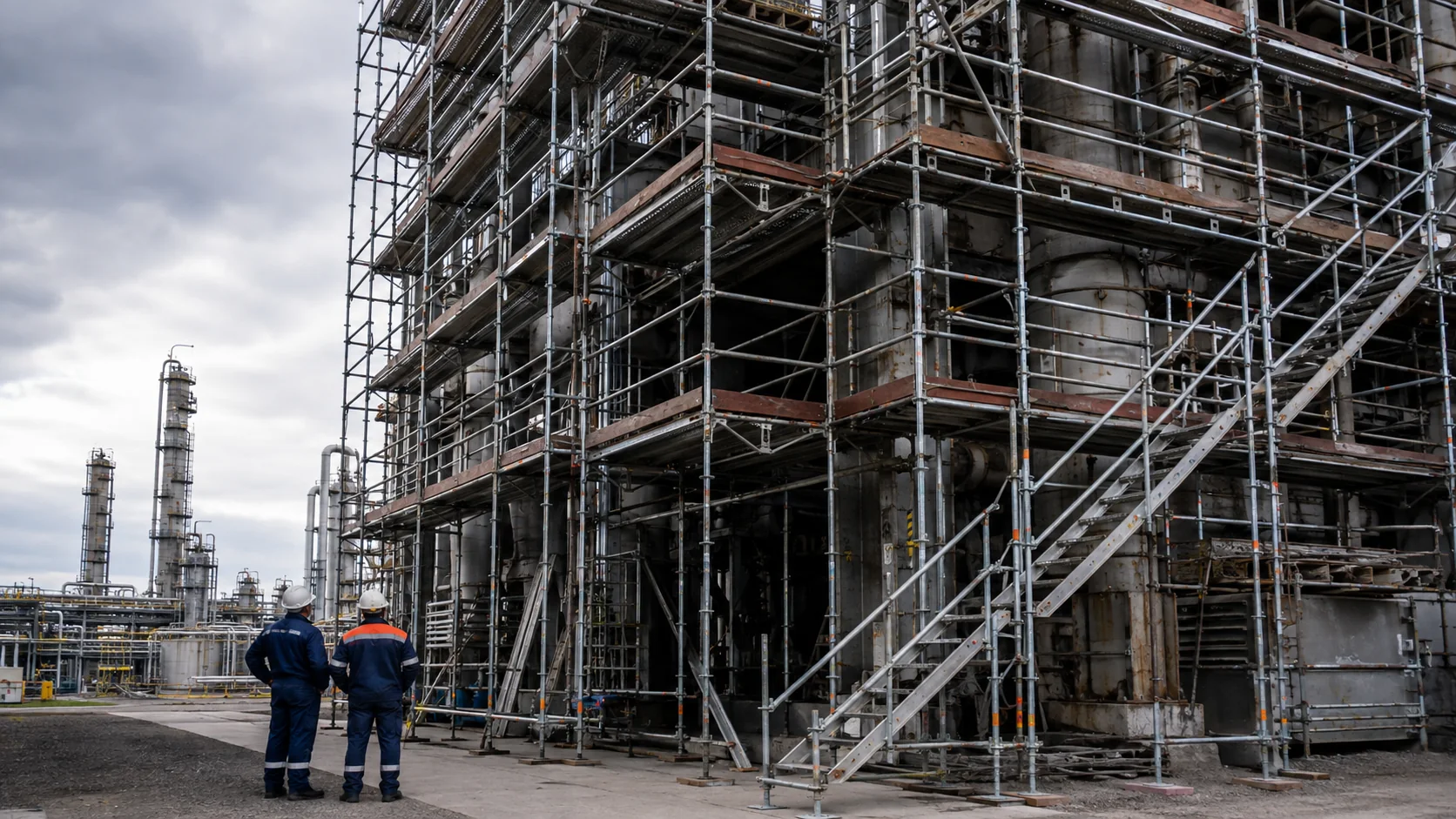 Representative industrial maintenance access scaffold around process equipment