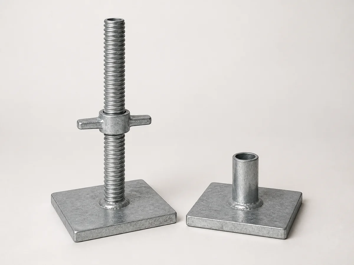 Adjustable scaffold base jack and fixed base plate