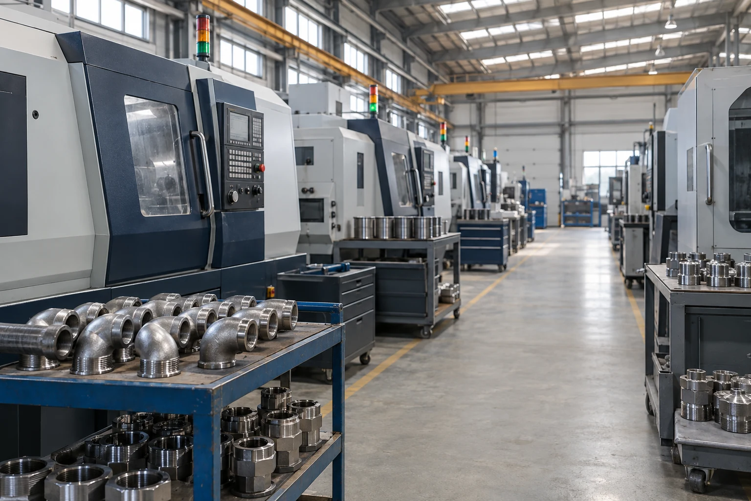 Illustrative production workshop with rows of machining equipment