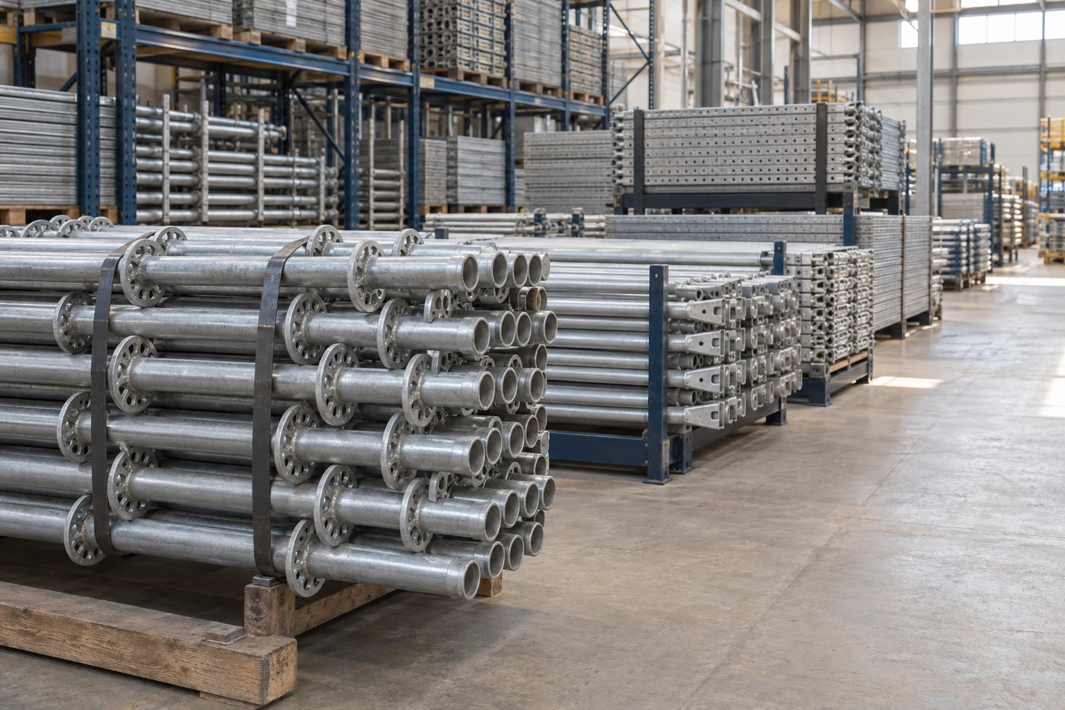 Illustrative warehouse with organised scaffolding components