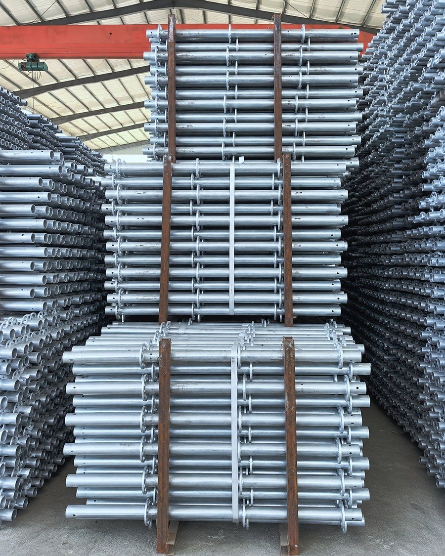 Stacked galvanized scaffolding components